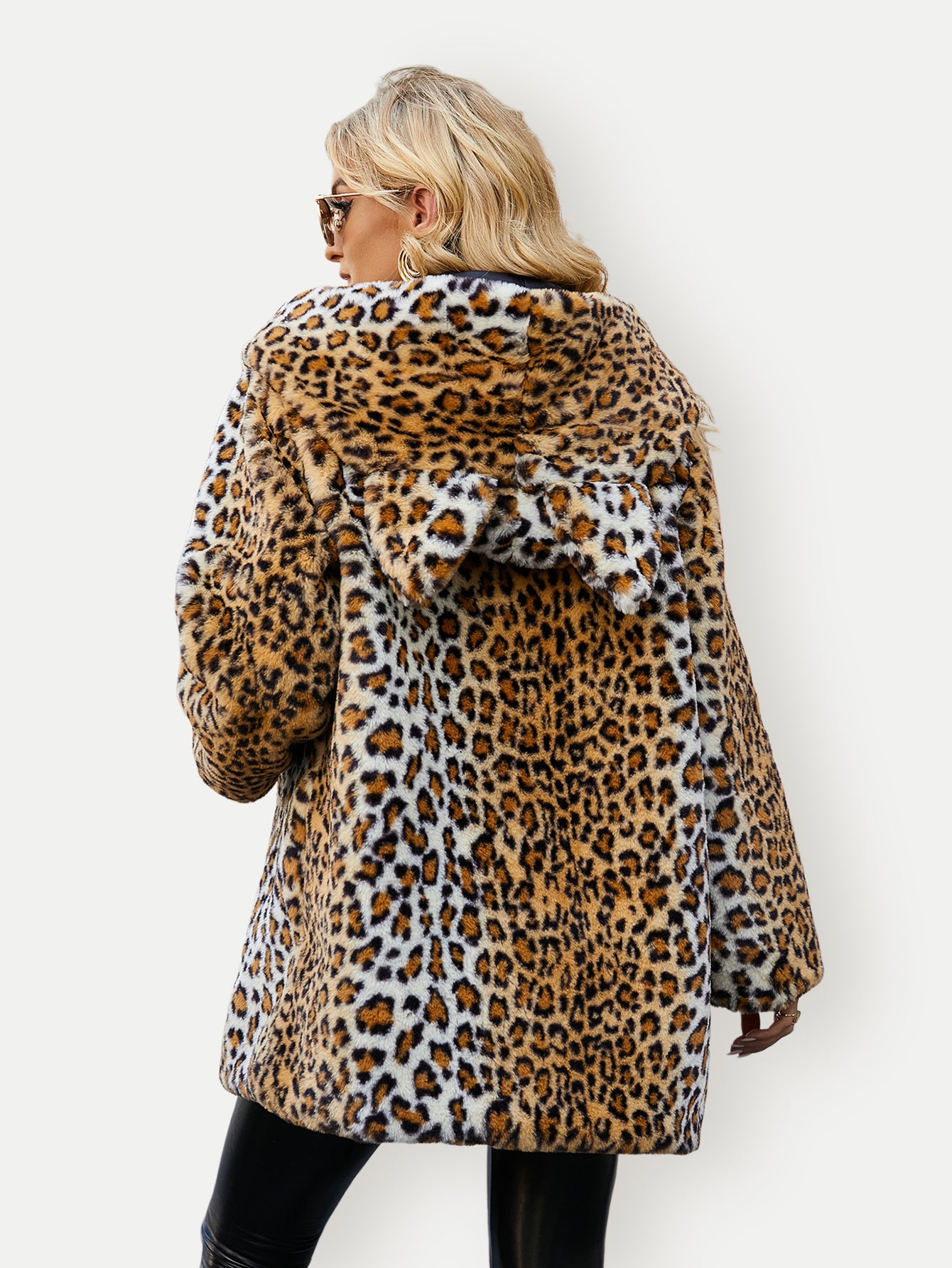 Leopard Print Faux Fur Hooded Coat With Cat Ears Fluffy Plush Short Furry Jacket