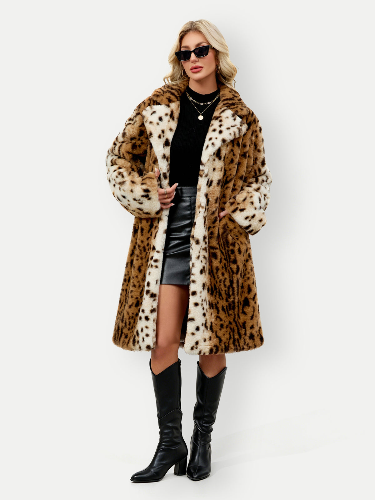 Long Leopard Print Faux Fur Notched Lapel Coat Fluffy Plush Furry Jacket