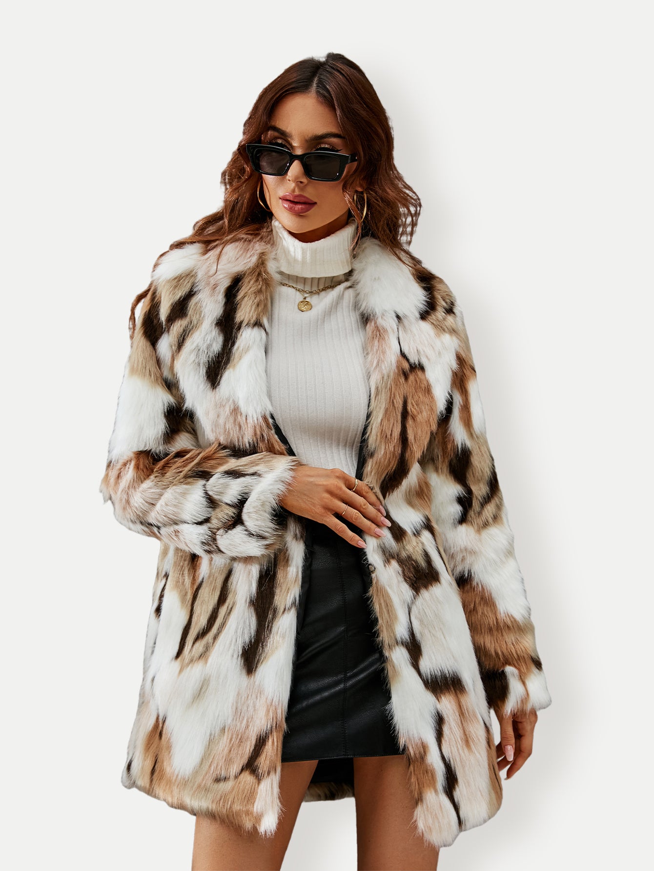 Mid-Length Patchwork Fluffy Furry Faux Fur Notched Lapel Coat