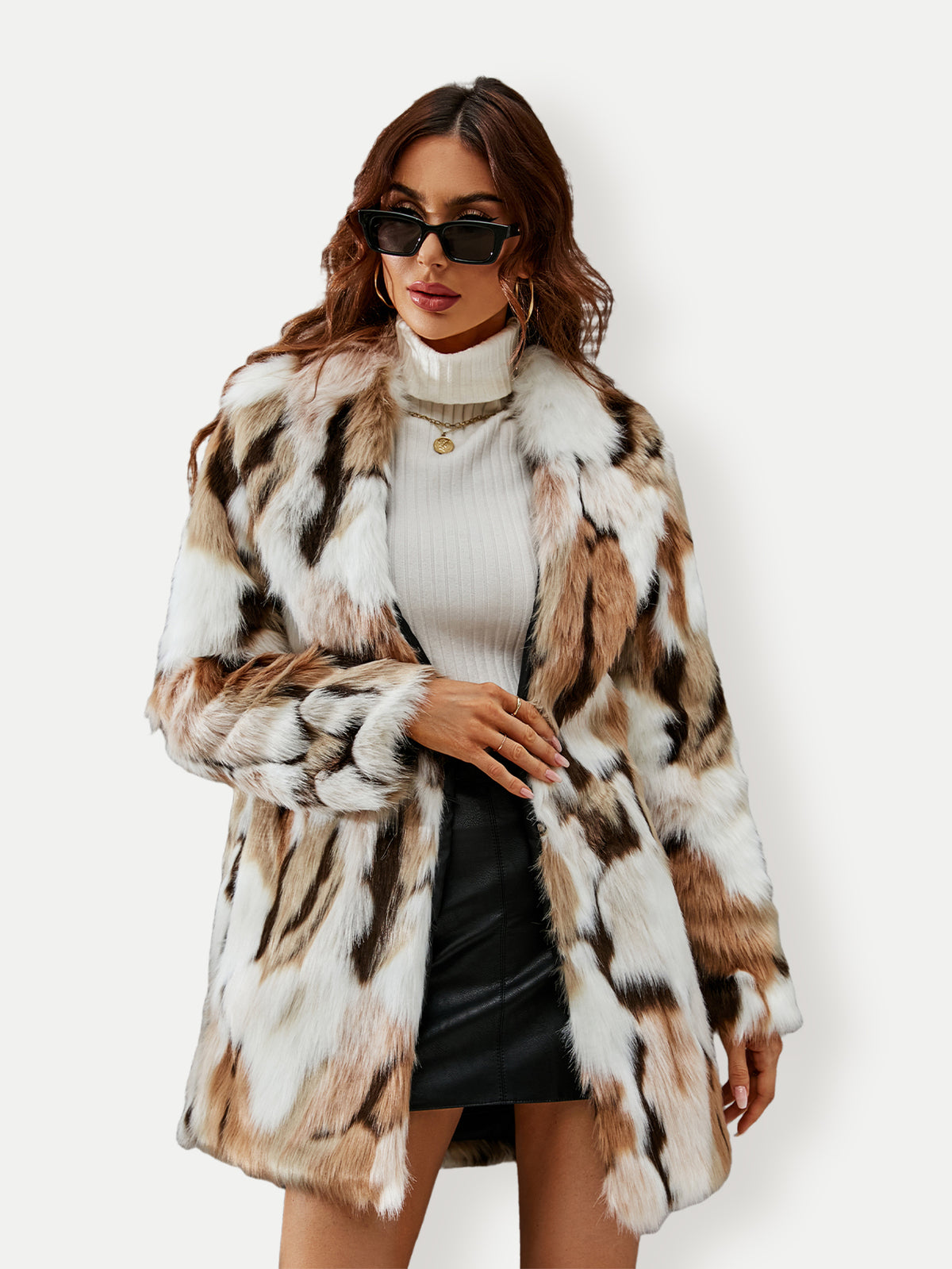 Mid-Length Patchwork Fluffy Furry Faux Fur Notched Lapel Coat