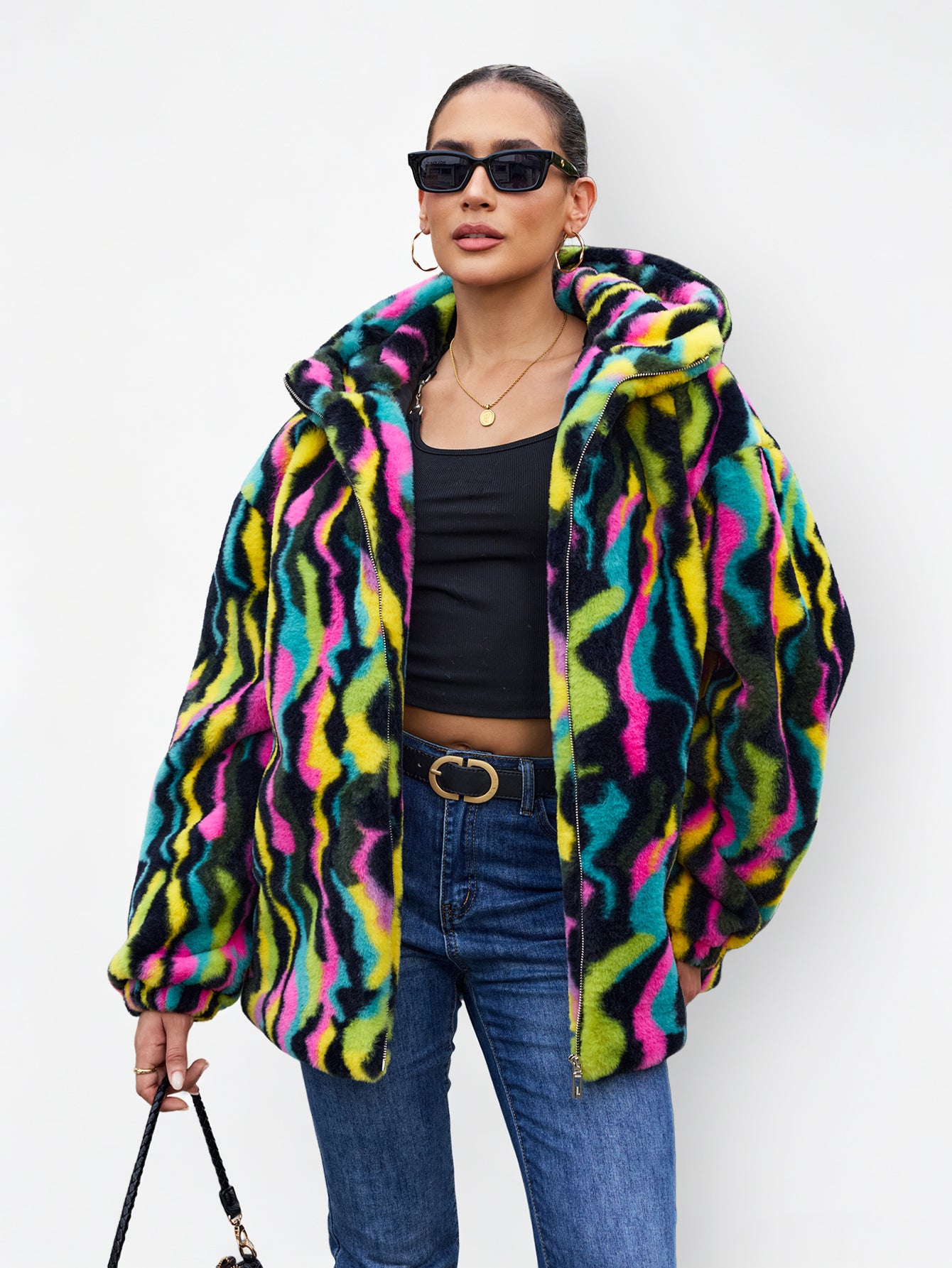 Rainbow Swirl Hooded Faux Fur Jacket Colorful Psychedelic Zip Up Fluffy Coat For Rave Festival