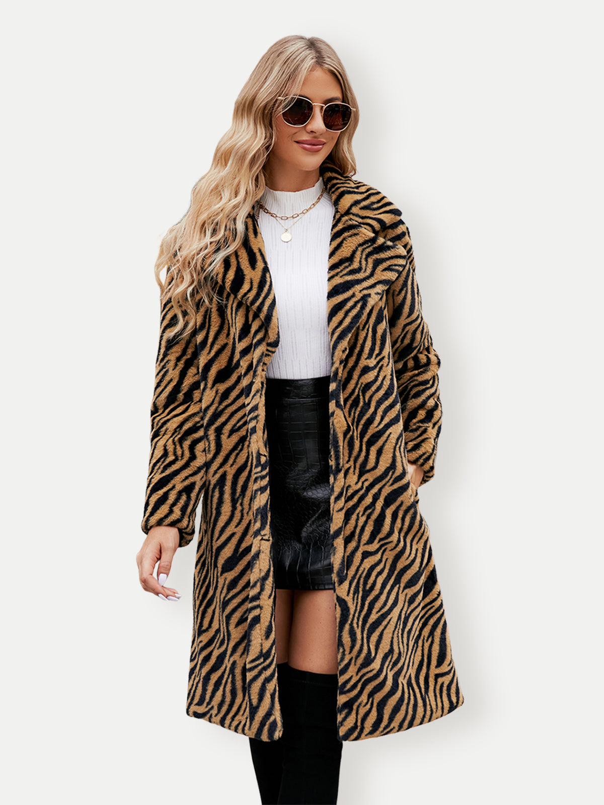 Tiger Zebra Striped Print Faux Fur Coat Notched Lapel Mid-Length Fluffy Furry Jacket