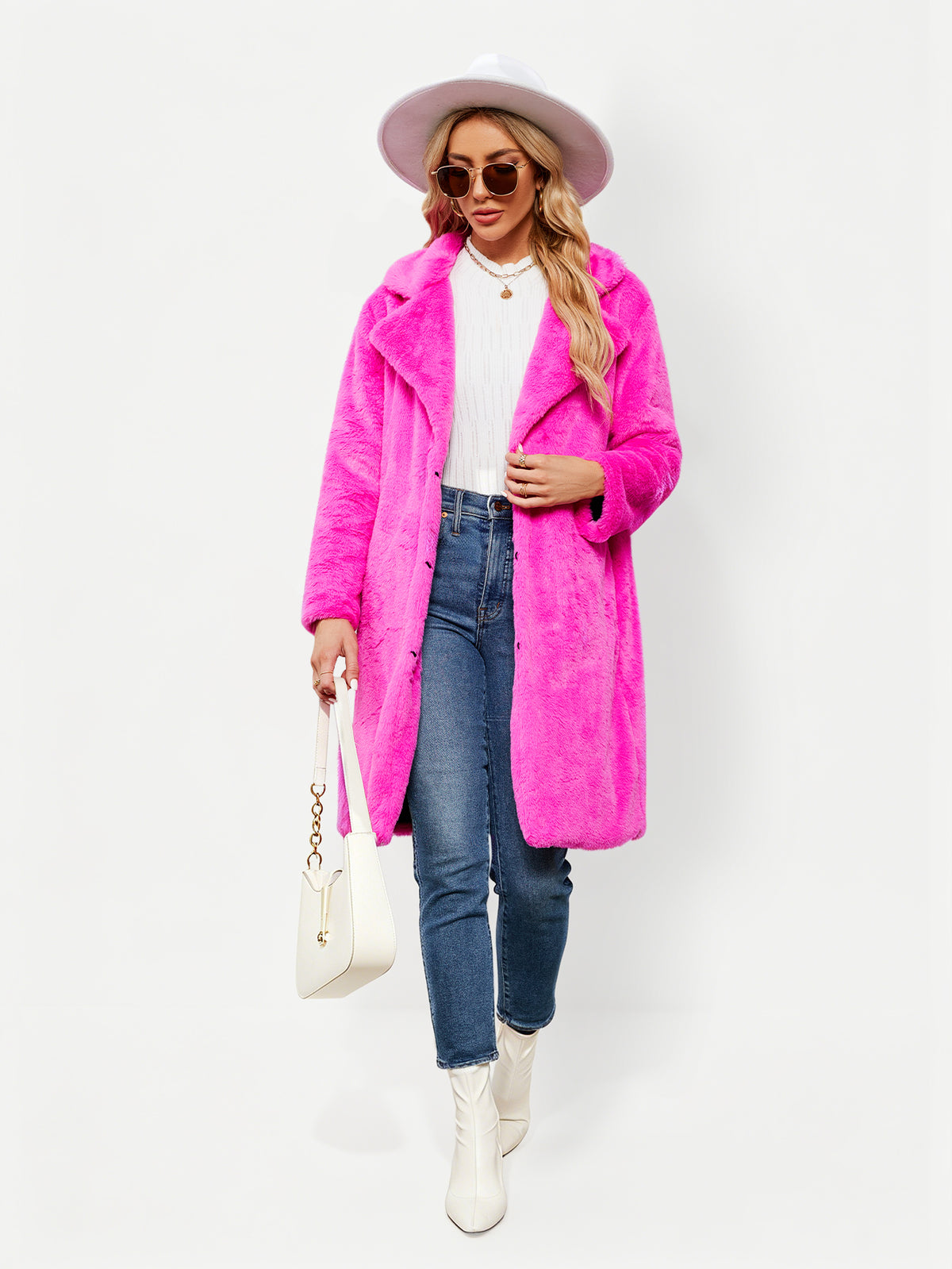 Lapel Collar Mid-Length Fluffy Shaggy Faux Fur Coat