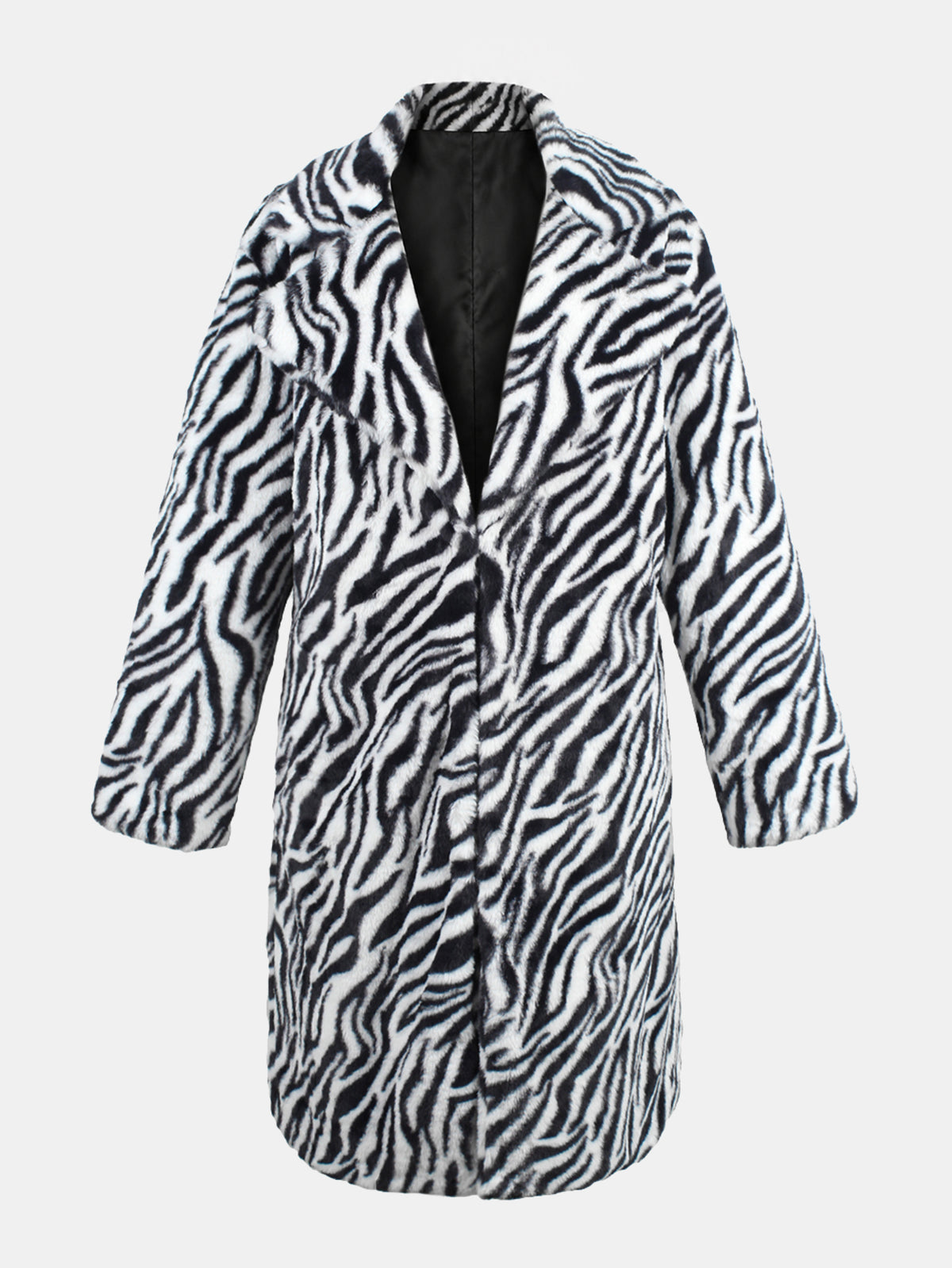 Tiger Zebra Striped Print Faux Fur Coat Notched Lapel Mid-Length Fluffy Furry Jacket