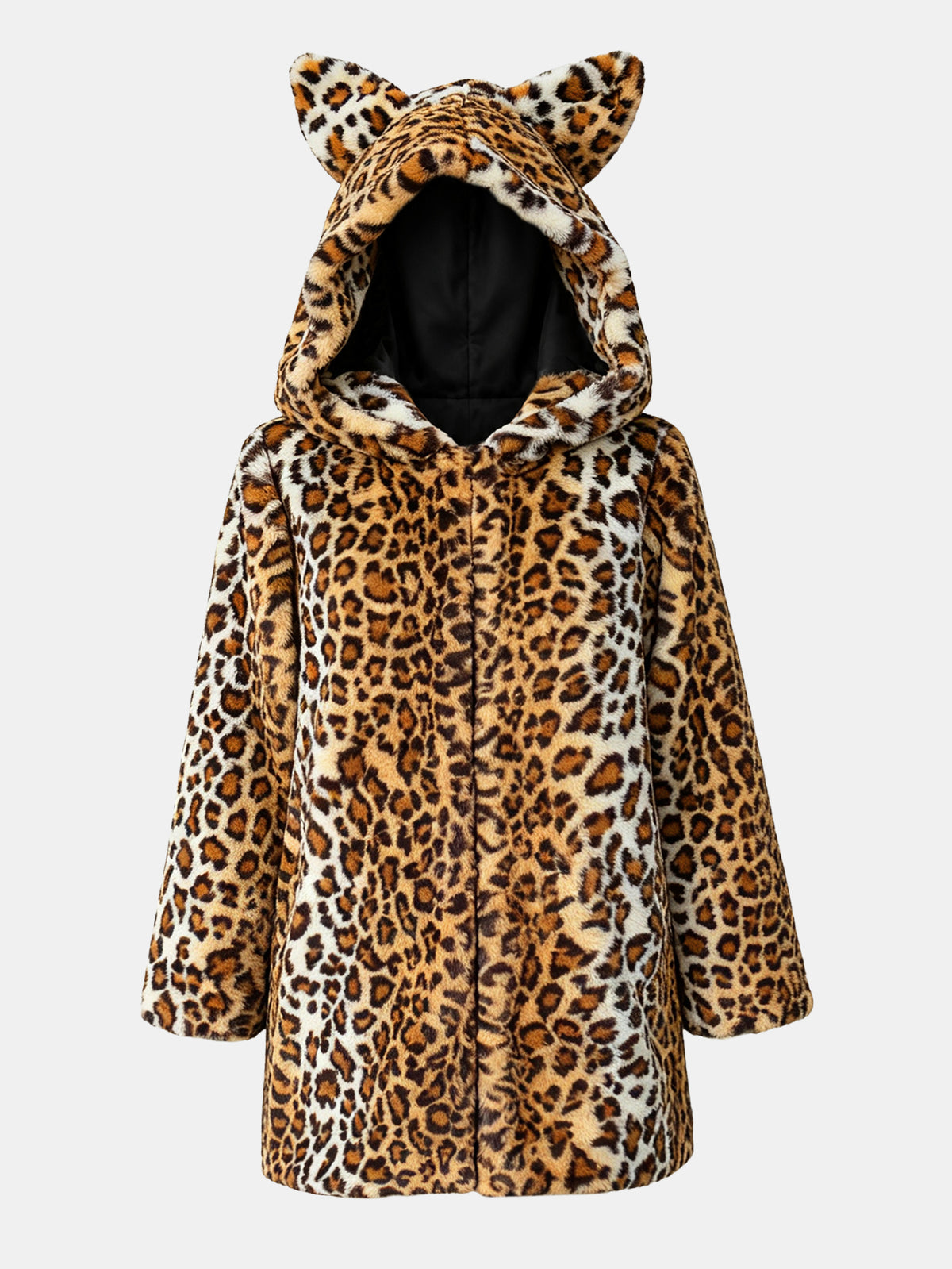 Leopard Print Faux Fur Hooded Coat With Cat Ears Fluffy Plush Short Furry Jacket