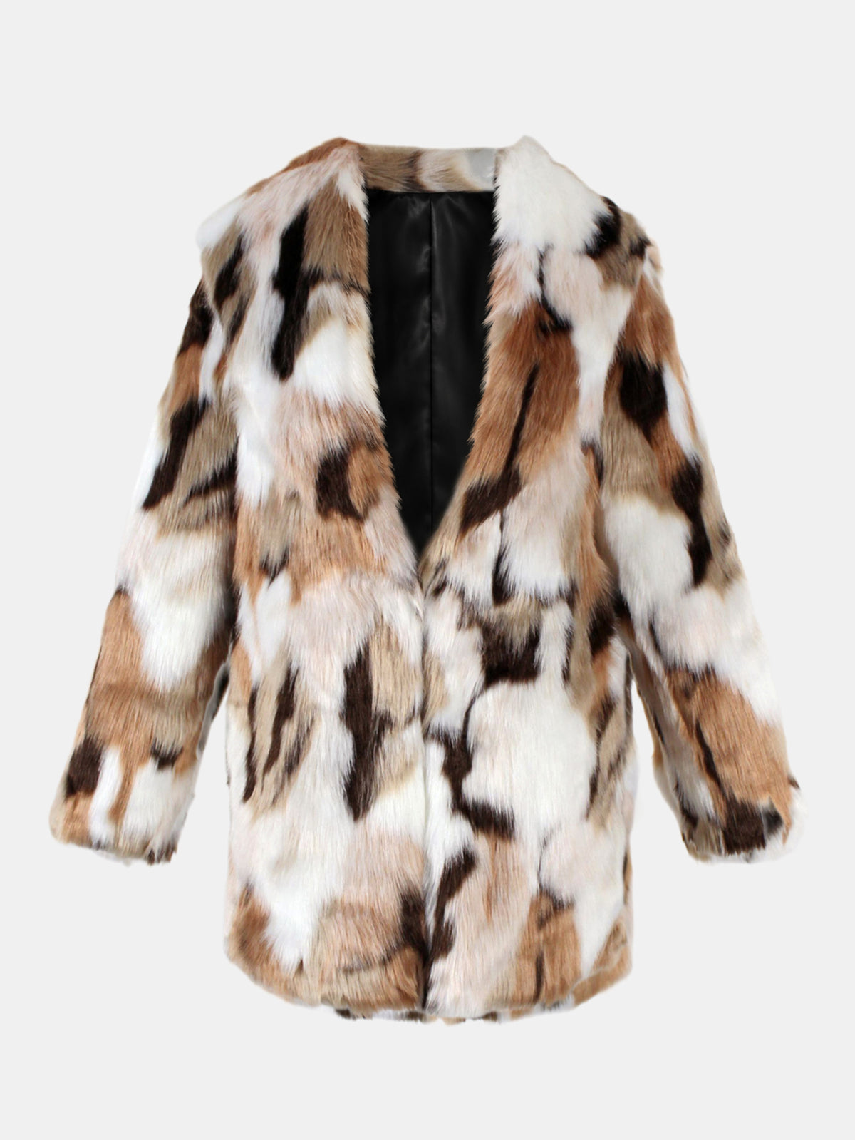 Mid-Length Patchwork Fluffy Furry Faux Fur Notched Lapel Coat