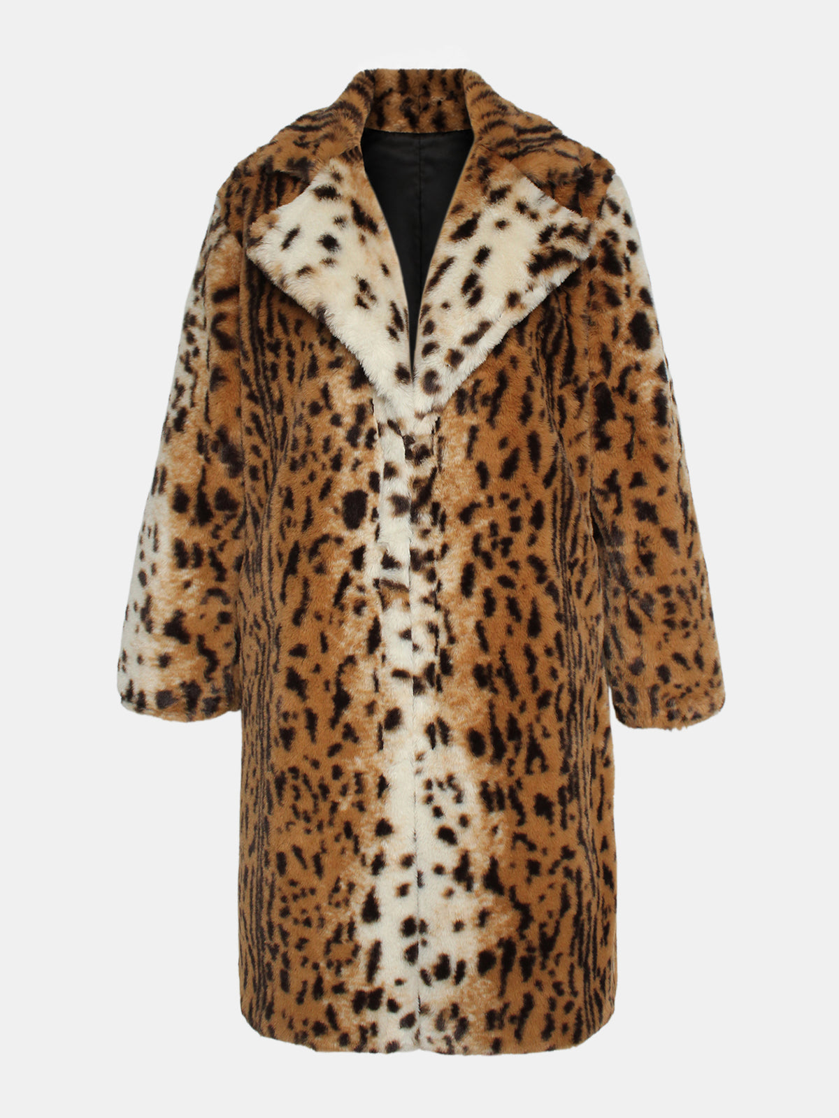 Long Leopard Print Faux Fur Notched Lapel Coat Fluffy Plush Furry Jacket
