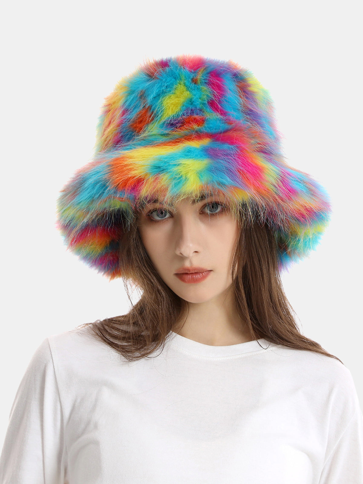 Color Block Faux Fur Fluffy Bucket Hat Wide Brim