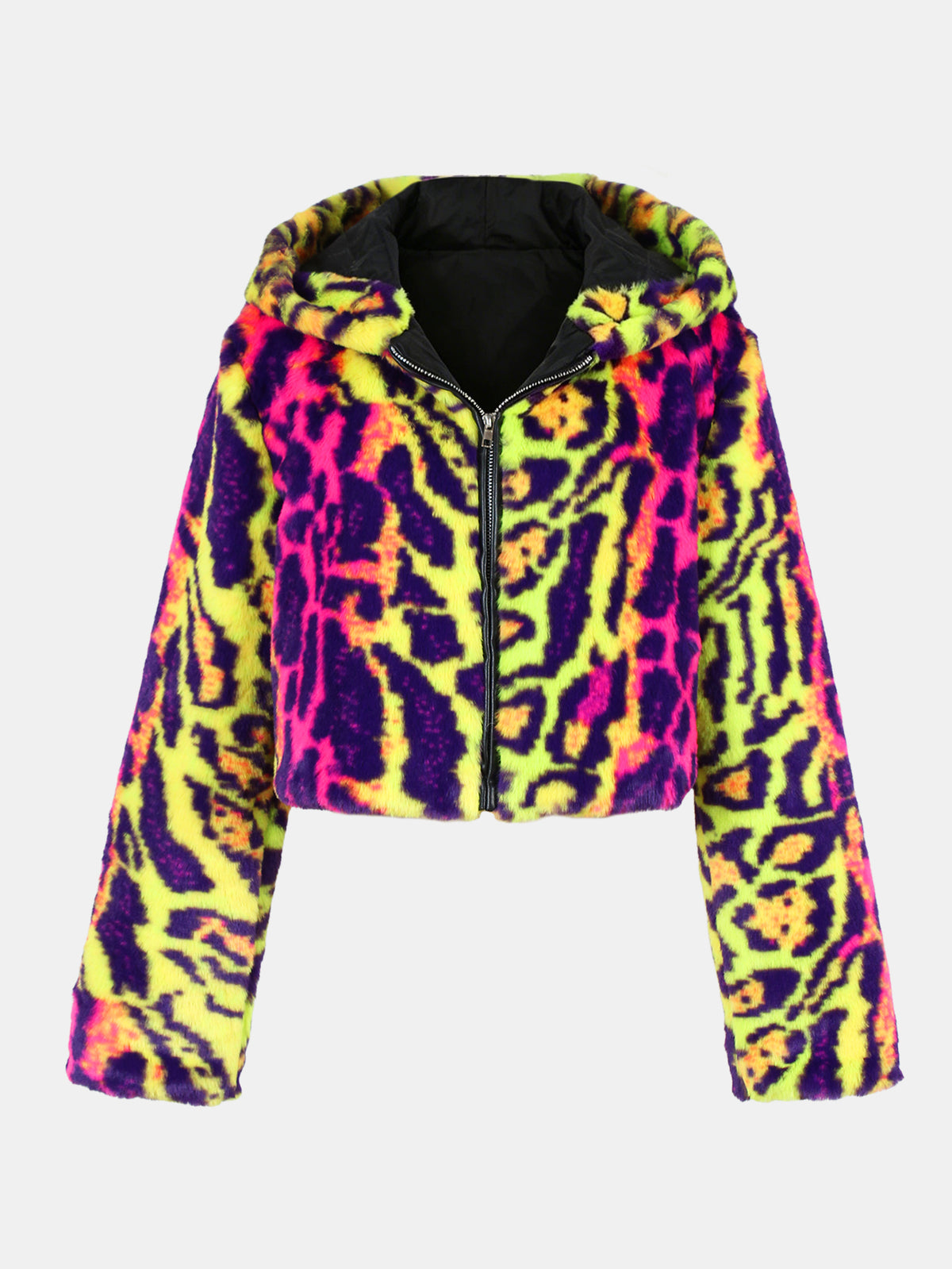 Women Colorful Leopard Print Fuzzy Fleece Cropped Hooded Jacket