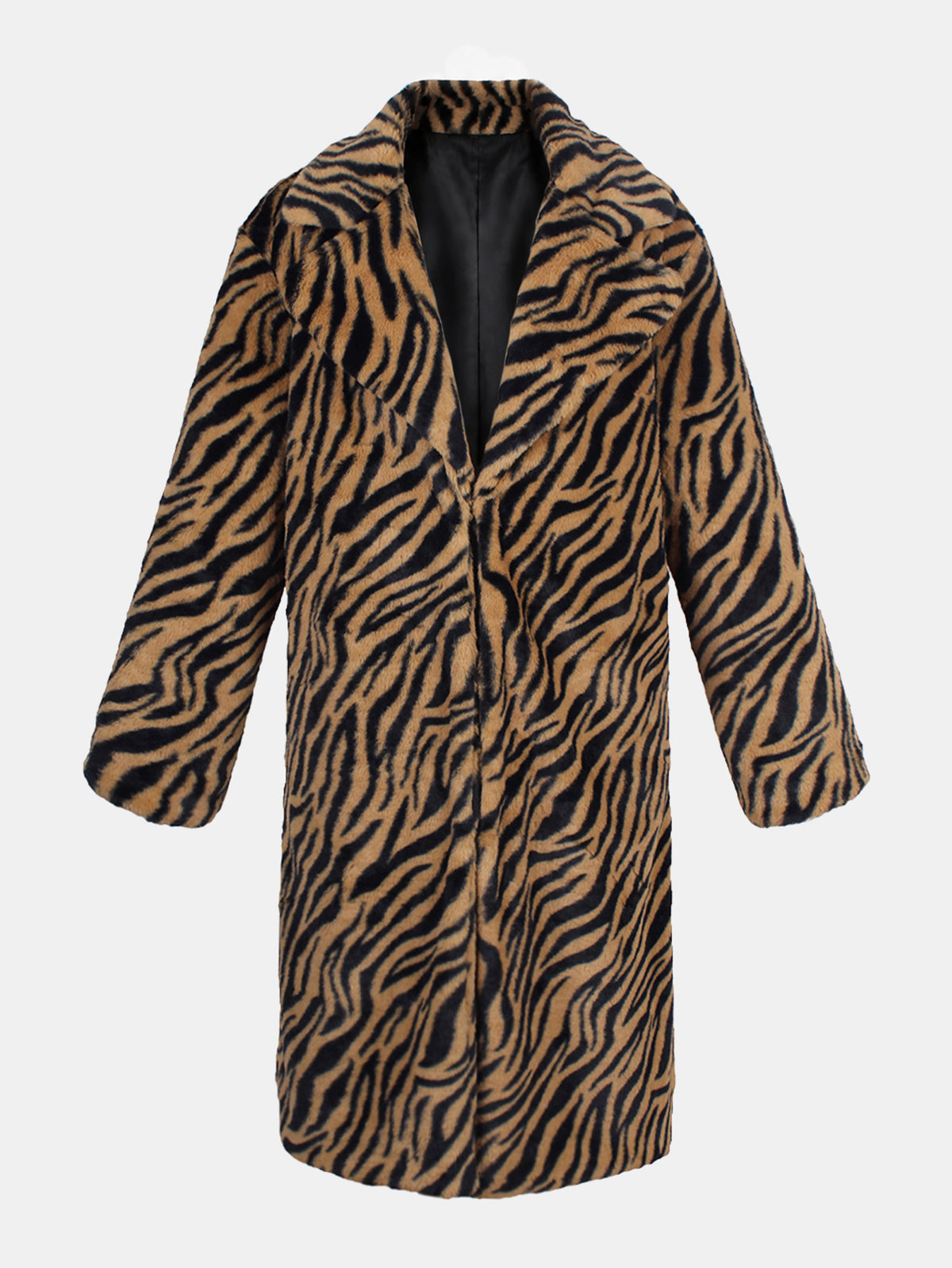 Tiger Zebra Striped Print Faux Fur Coat Notched Lapel Mid-Length Fluffy Furry Jacket