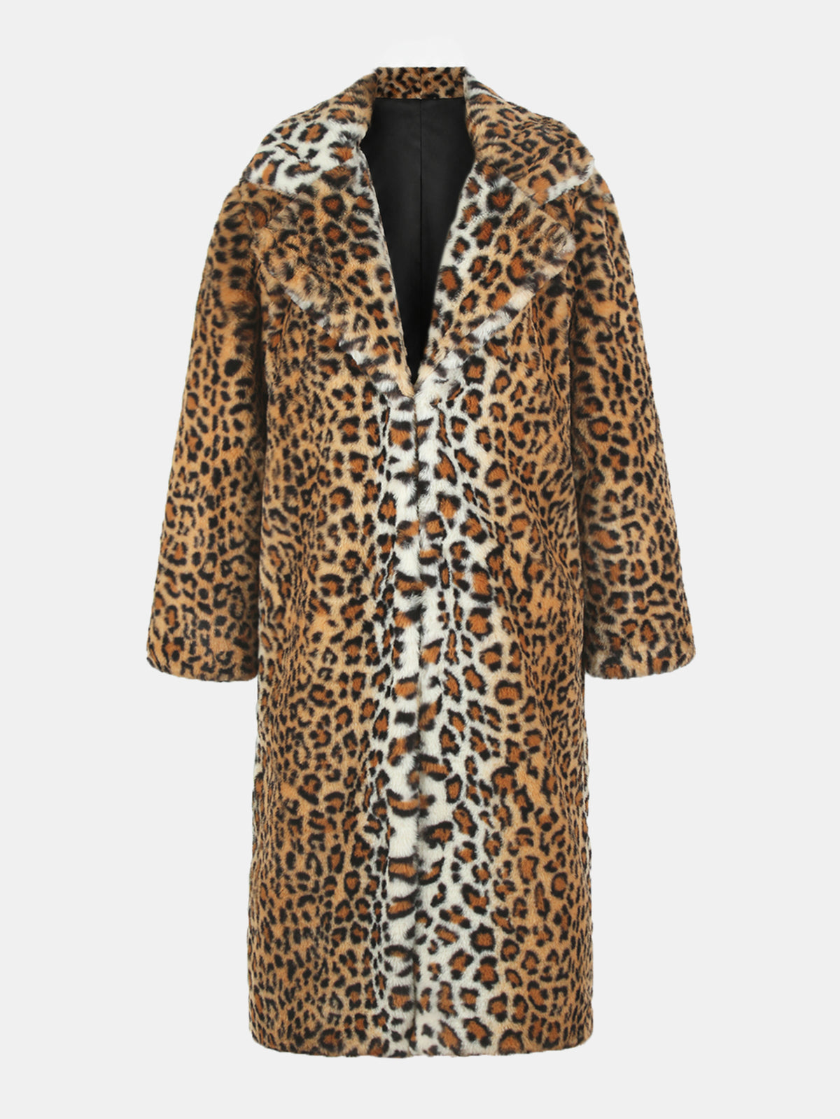 Leopard Print Faux Fur Notched Lapel Coat Fluffy Plush Furry Jacket