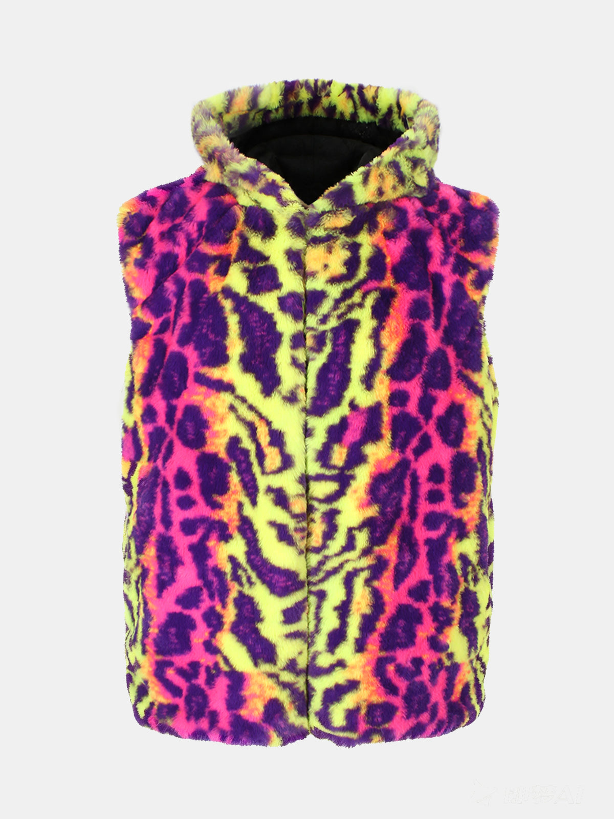 Colorful Leopard Print Faux Fur Hooded Vest
