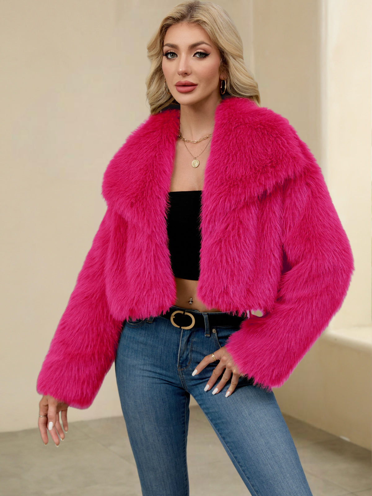 Faux Fur Cropped Jacket Fluffy Lapel Short Fur Coat For Rave & Party