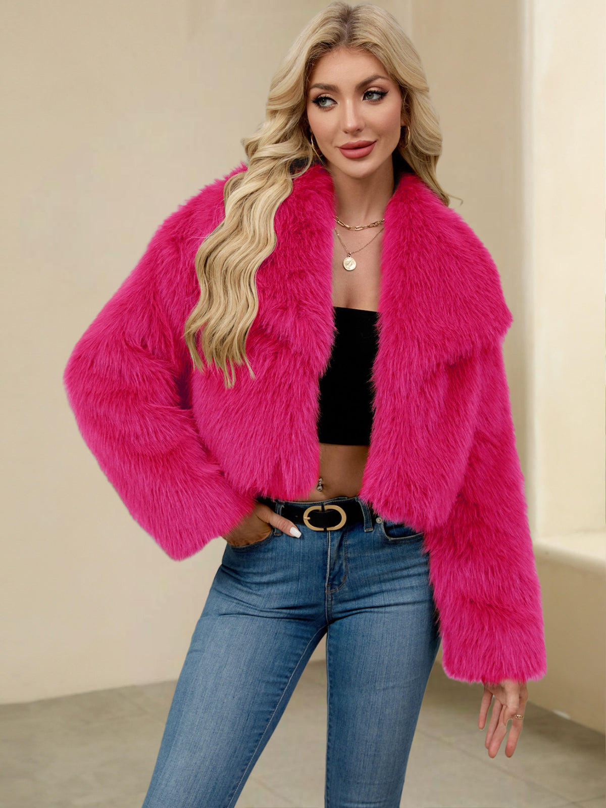 Faux Fur Cropped Jacket Fluffy Lapel Short Fur Coat For Rave & Party