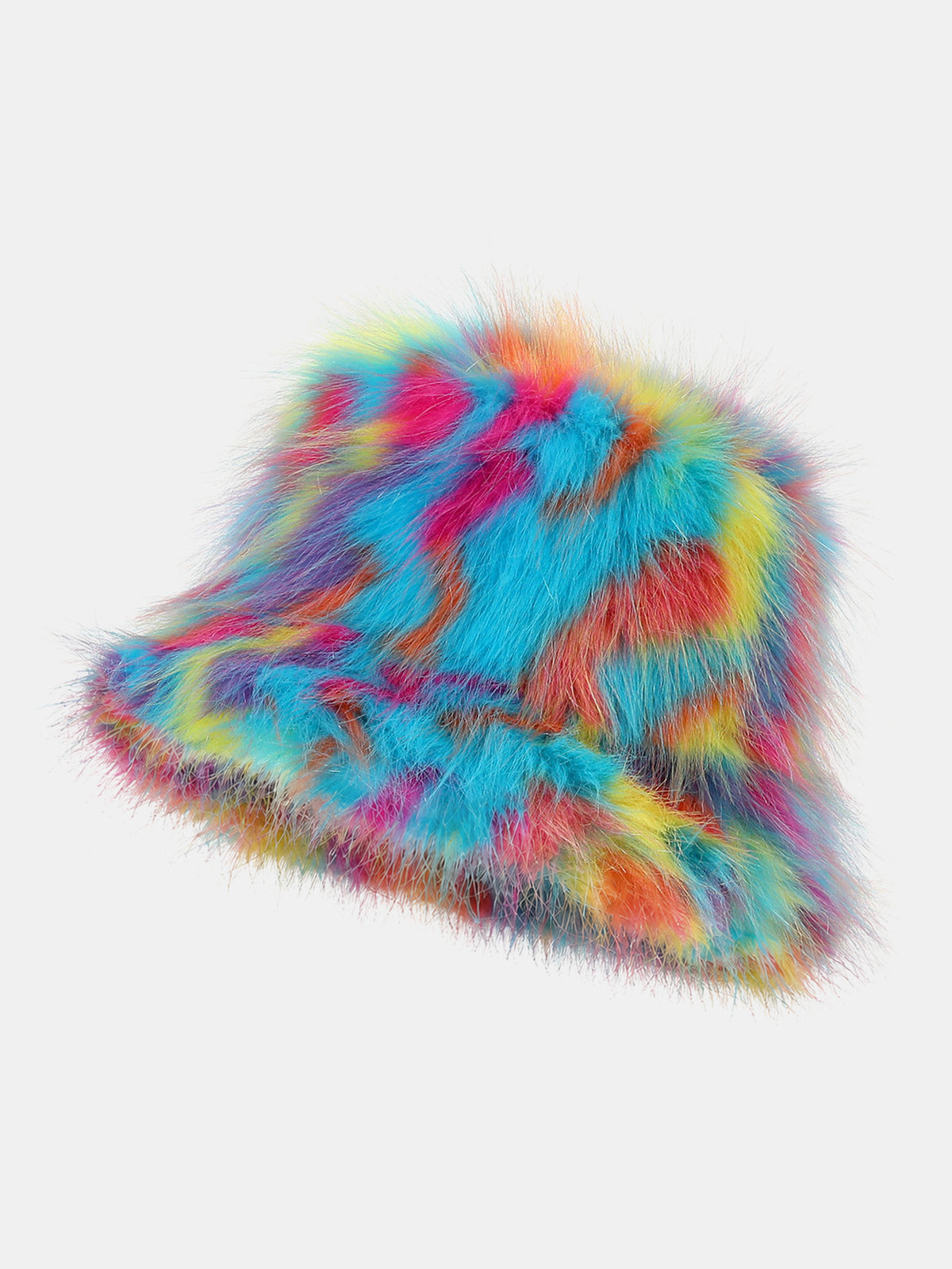 Color Block Faux Fur Fluffy Bucket Hat Wide Brim