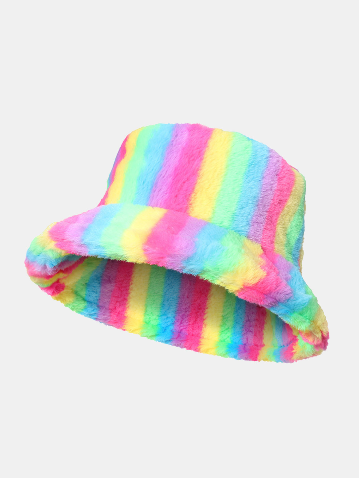 Rainbow Striped Faux Fur Bucket Hat Soft Fluffy Fisherman Cap