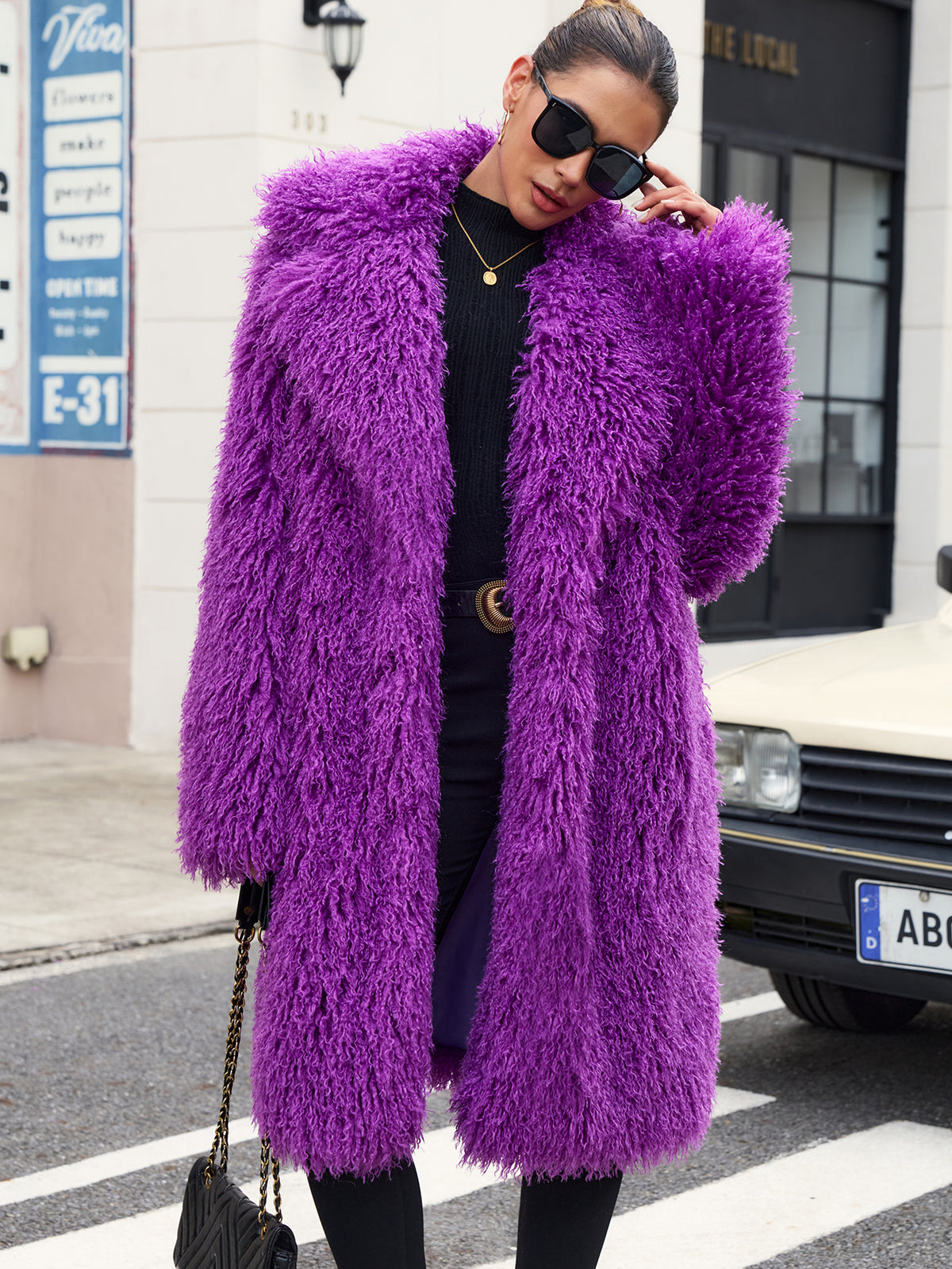 Women Solid Shaggy Faux Fur Mid-Long Coat Oversized Lapel Fluffy Furry Open Front Winter Outerwear
