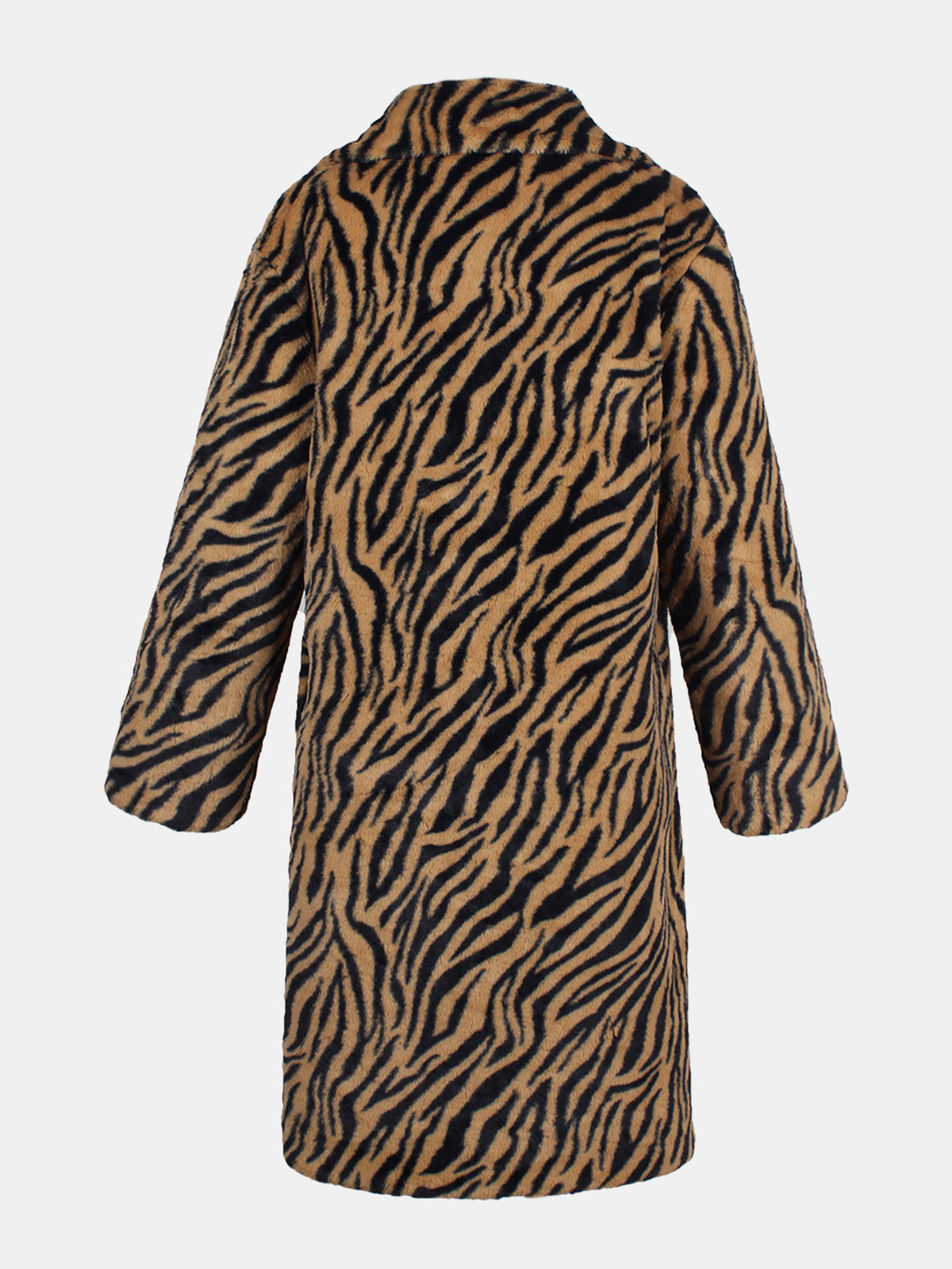 Tiger Zebra Striped Print Faux Fur Coat Notched Lapel Mid-Length Fluffy Furry Jacket