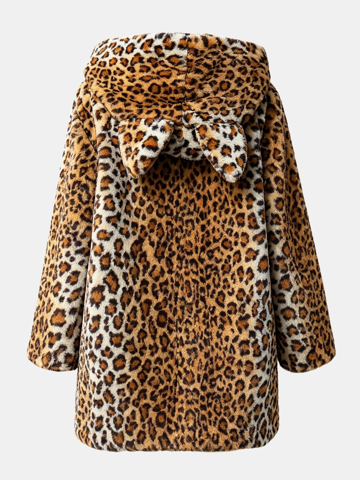 Leopard Print Faux Fur Hooded Coat With Cat Ears Fluffy Plush Short Furry Jacket