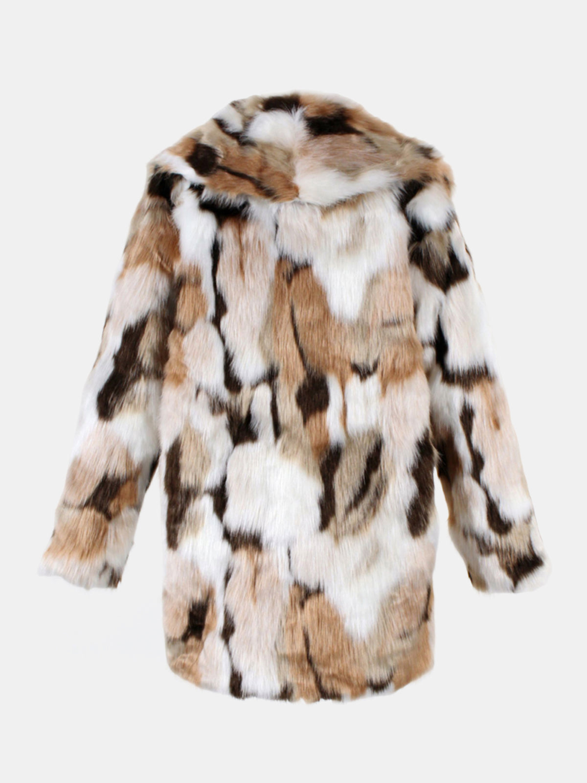 Mid-Length Patchwork Fluffy Furry Faux Fur Notched Lapel Coat