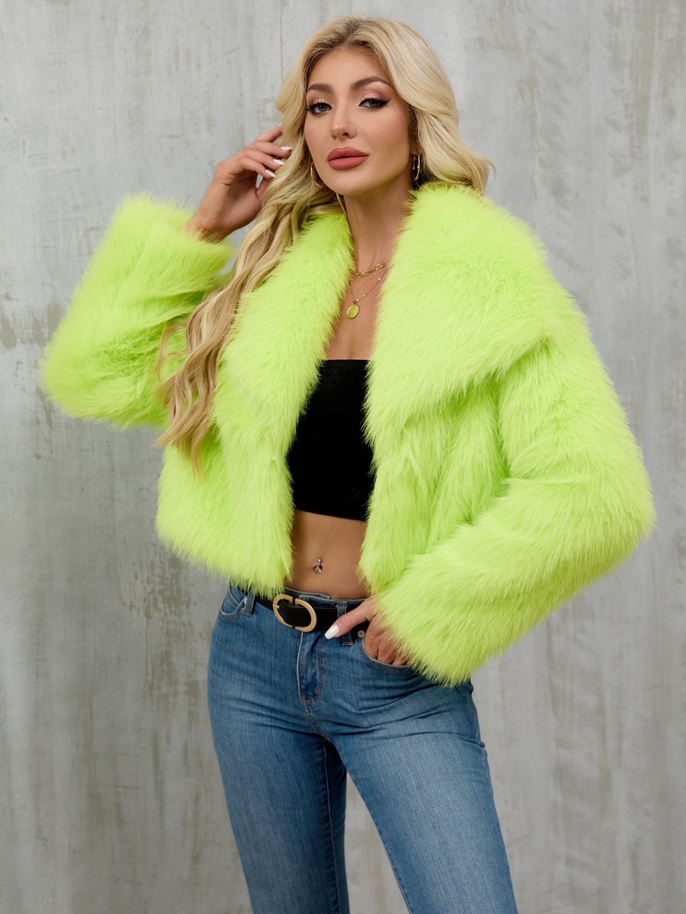 Faux Fur Cropped Jacket Fluffy Lapel Short Fur Coat For Rave & Party