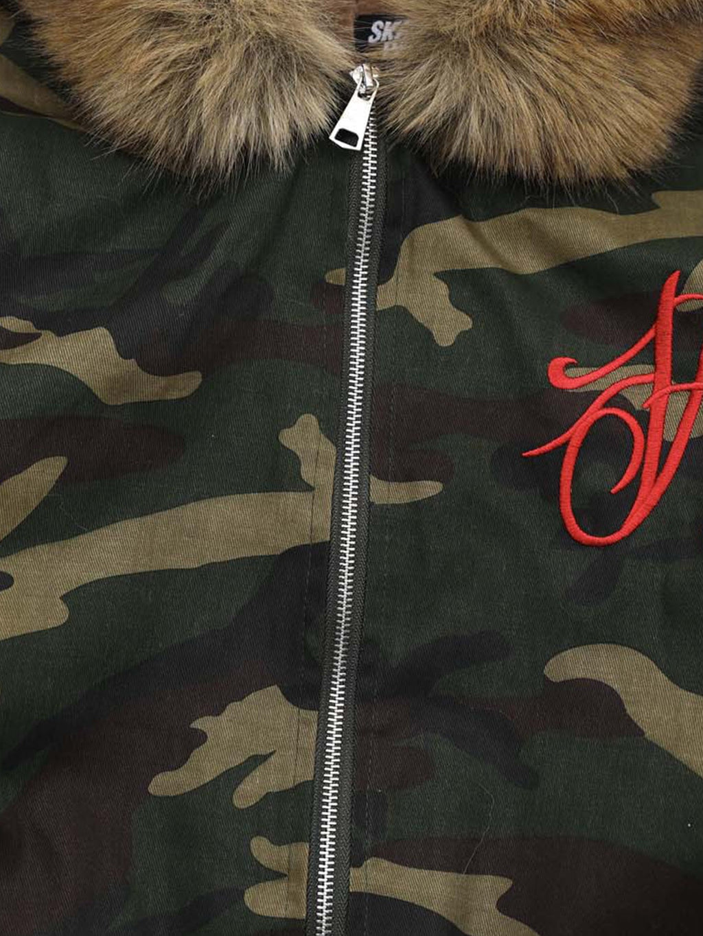 Boxy Camouflage Faux Fur Collar Hooded Jacket