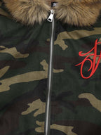 Boxy Camouflage Faux Fur Collar Hooded Jacket