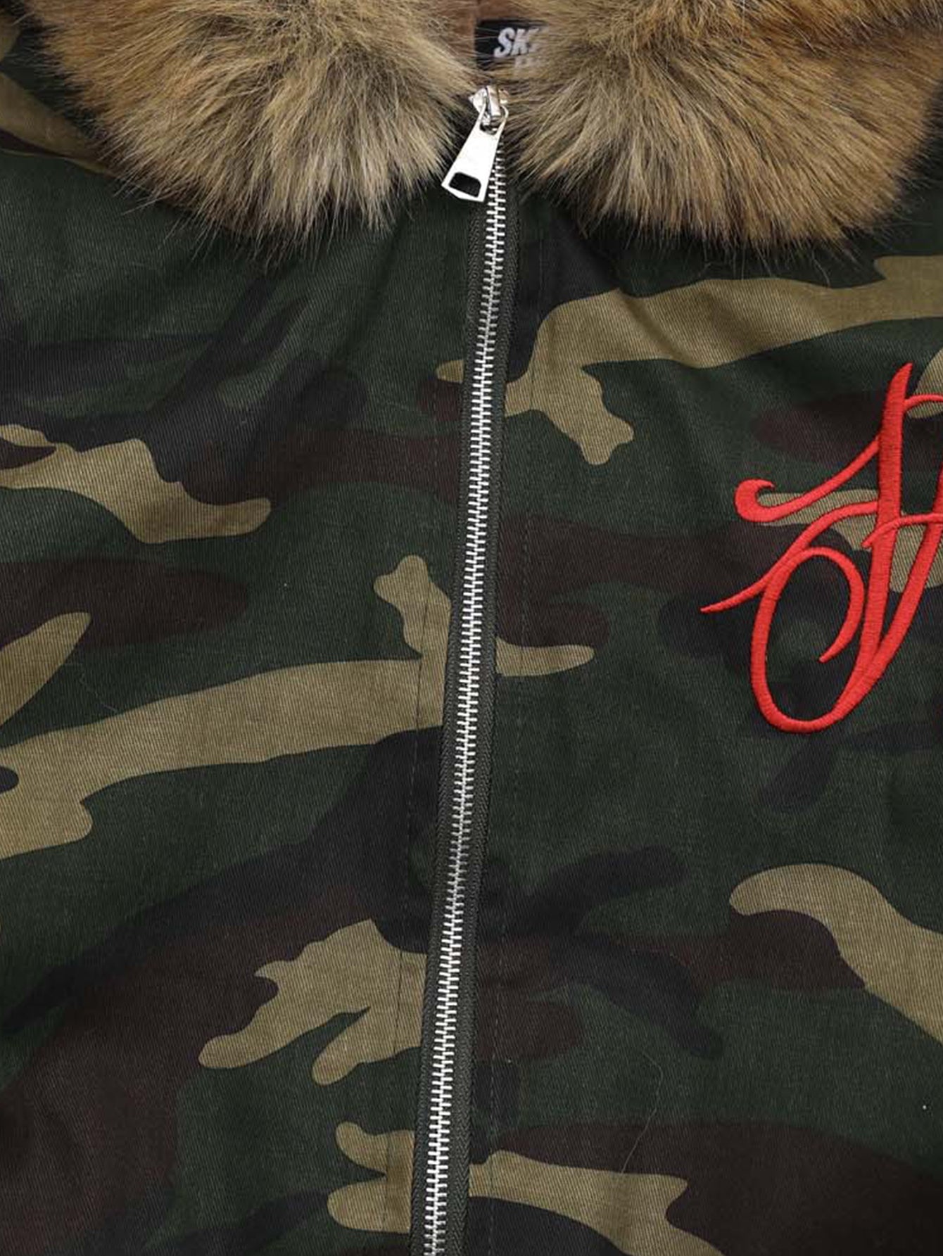 Boxy Camouflage Faux Fur Collar Hooded Jacket