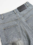 Rhinestone Washed Distressed Denim Wide-Leg Pants
