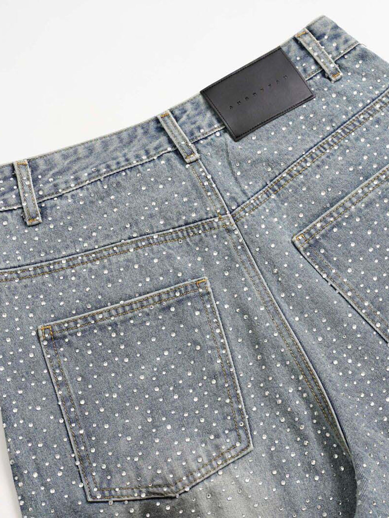 Rhinestone Washed Distressed Denim Wide-Leg Pants
