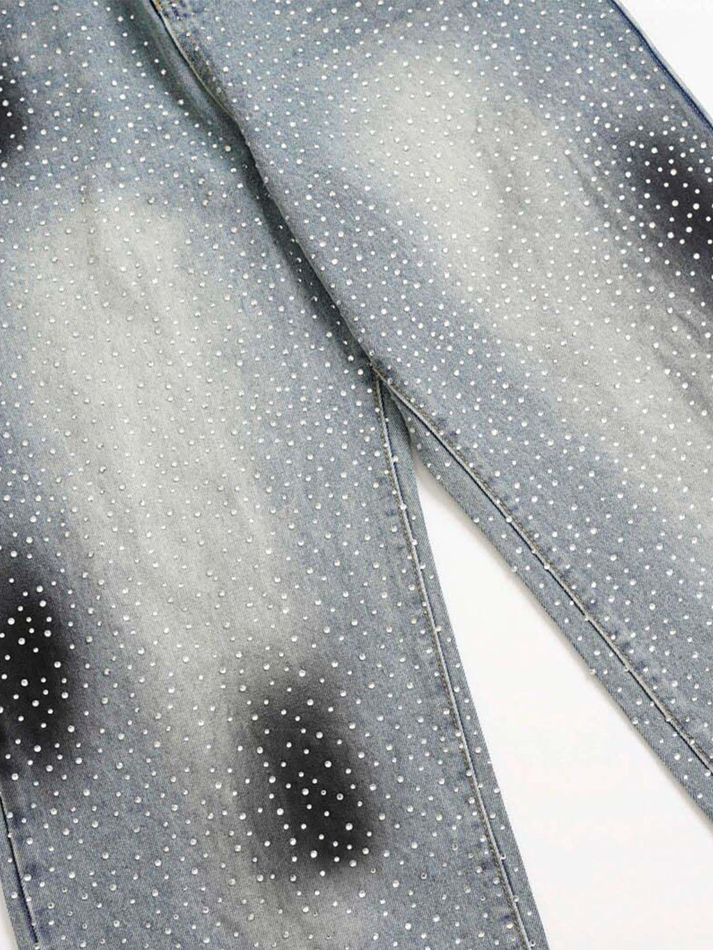 Rhinestone Washed Distressed Denim Wide-Leg Pants