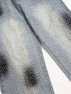 Rhinestone Washed Distressed Denim Wide-Leg Pants
