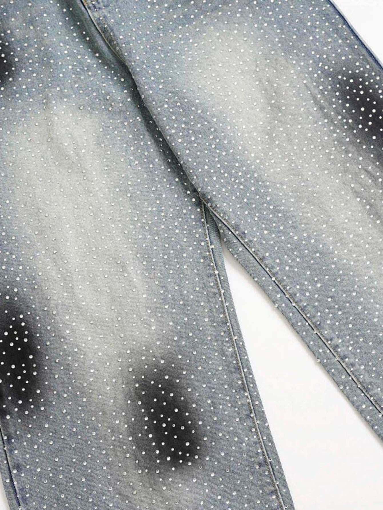 Rhinestone Washed Distressed Denim Wide-Leg Pants