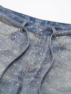 Rhinestone Washed Distressed Denim Wide-Leg Baggy Pants