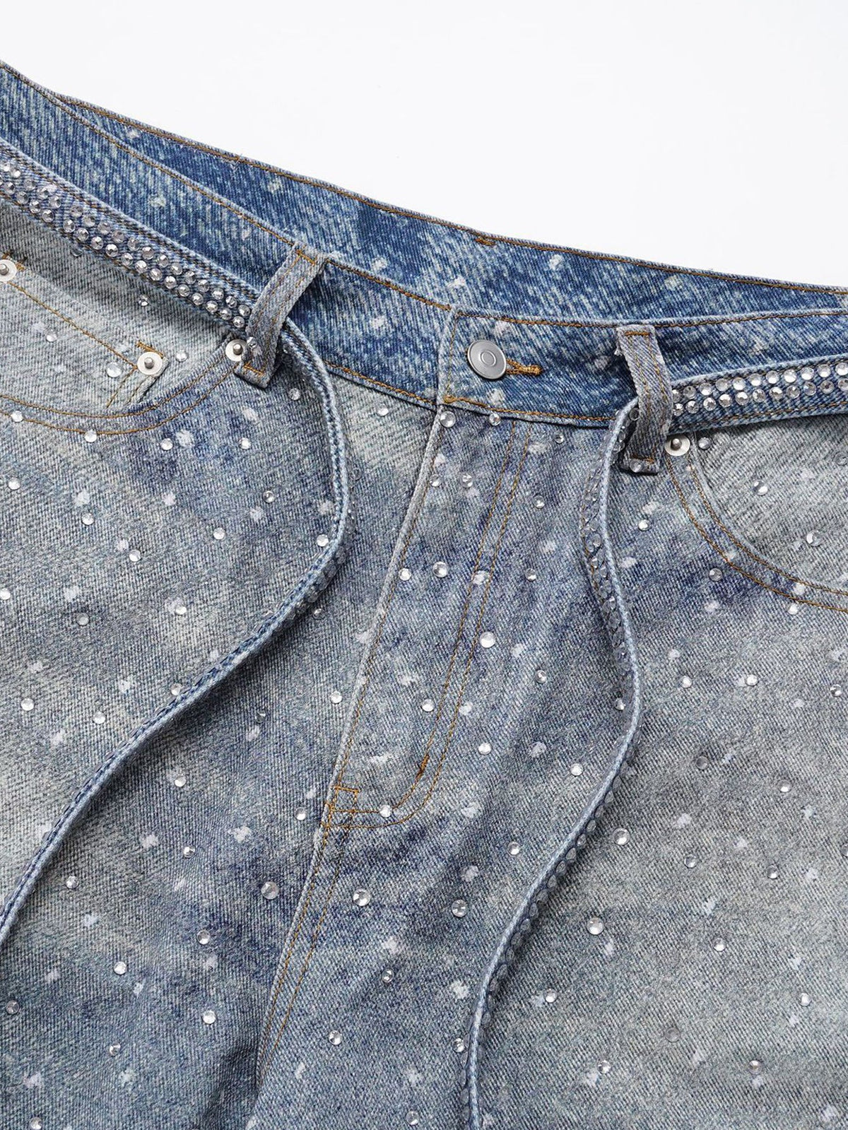 Rhinestone Washed Distressed Denim Wide-Leg Baggy Pants