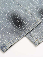 Rhinestone Washed Distressed Denim Wide-Leg Pants