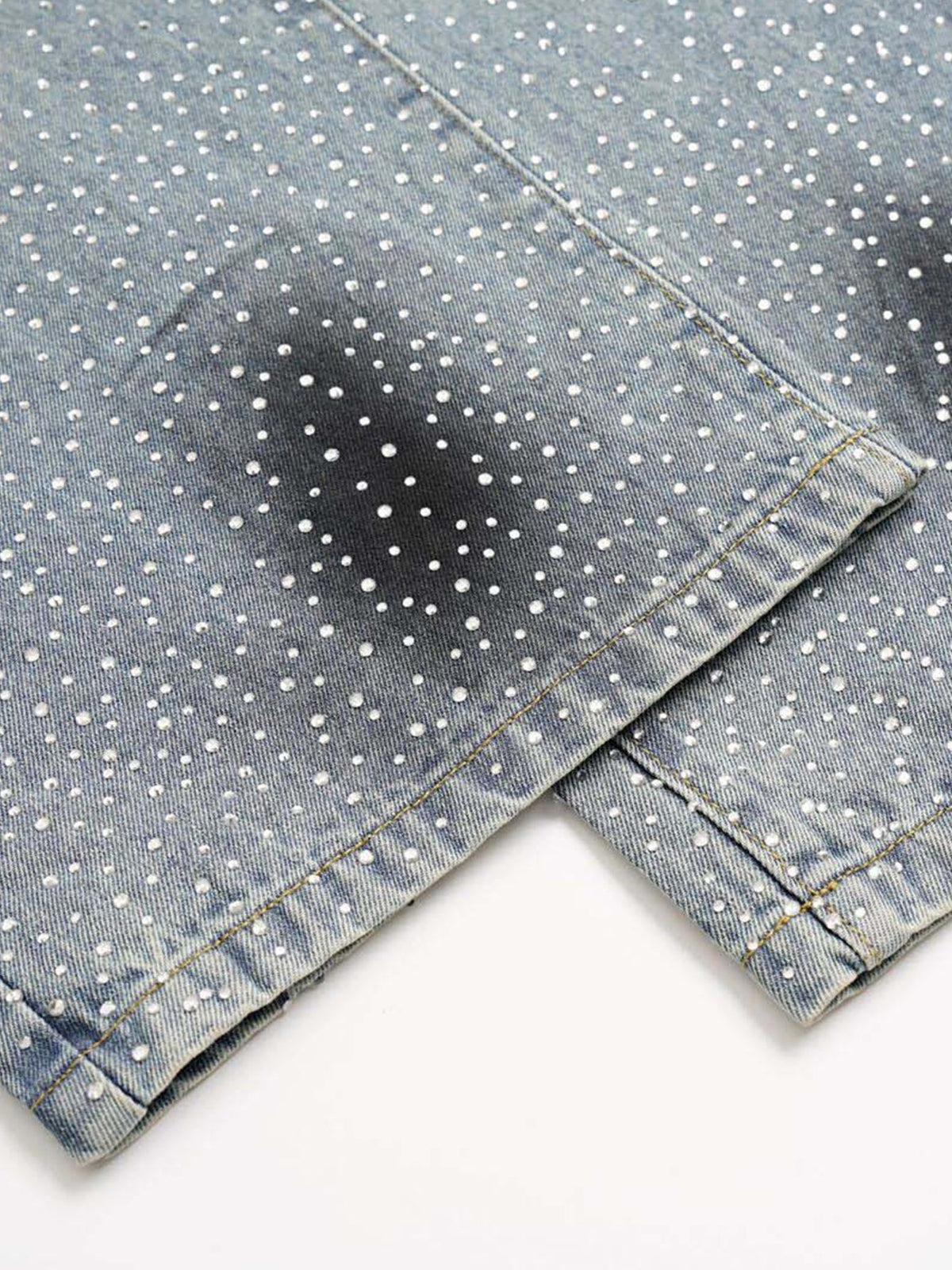 Rhinestone Washed Distressed Denim Wide-Leg Pants