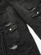 Washed Distressed Baggy Denim Cargo Pants