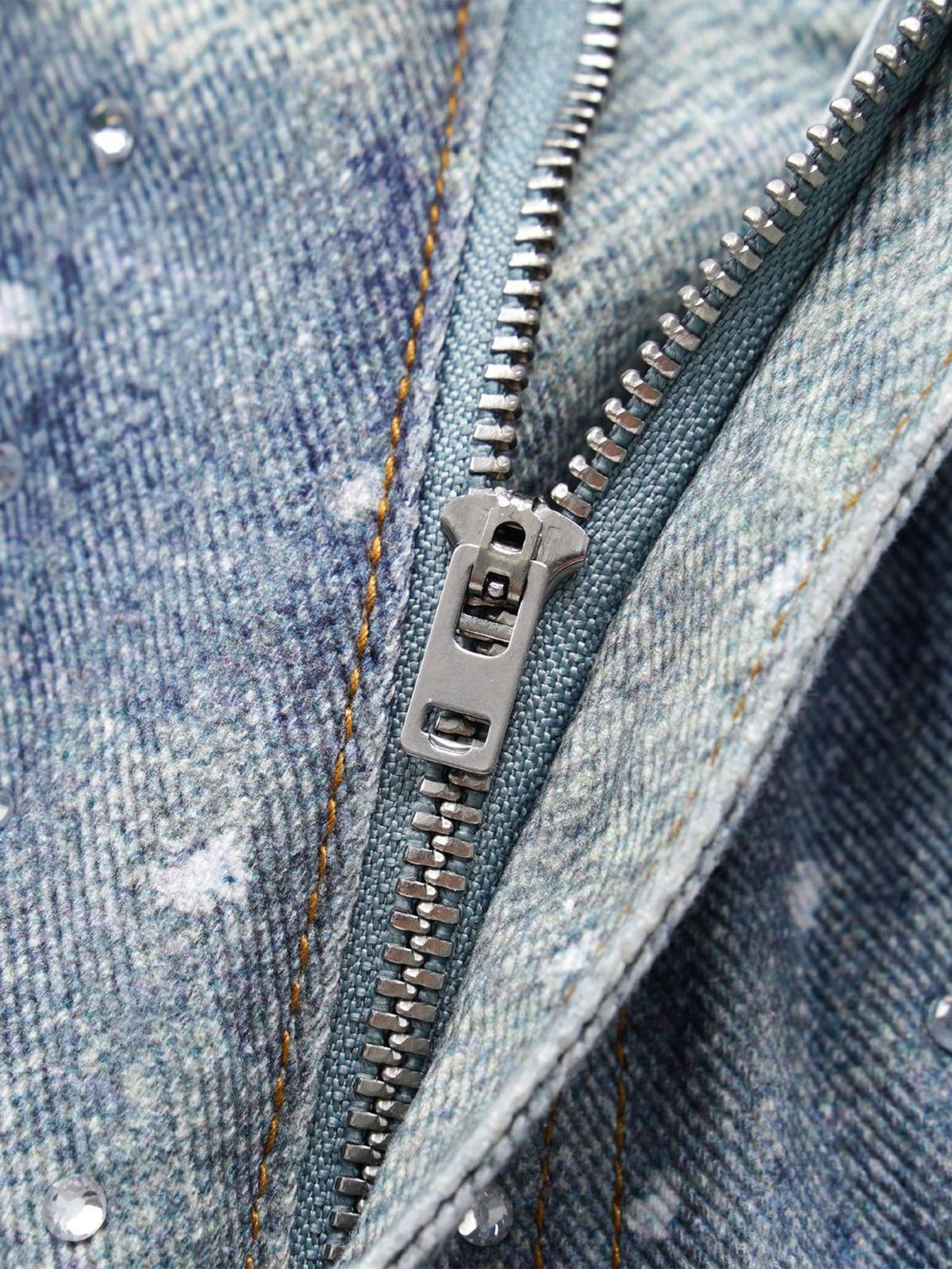 Rhinestone Washed Distressed Denim Wide-Leg Baggy Pants