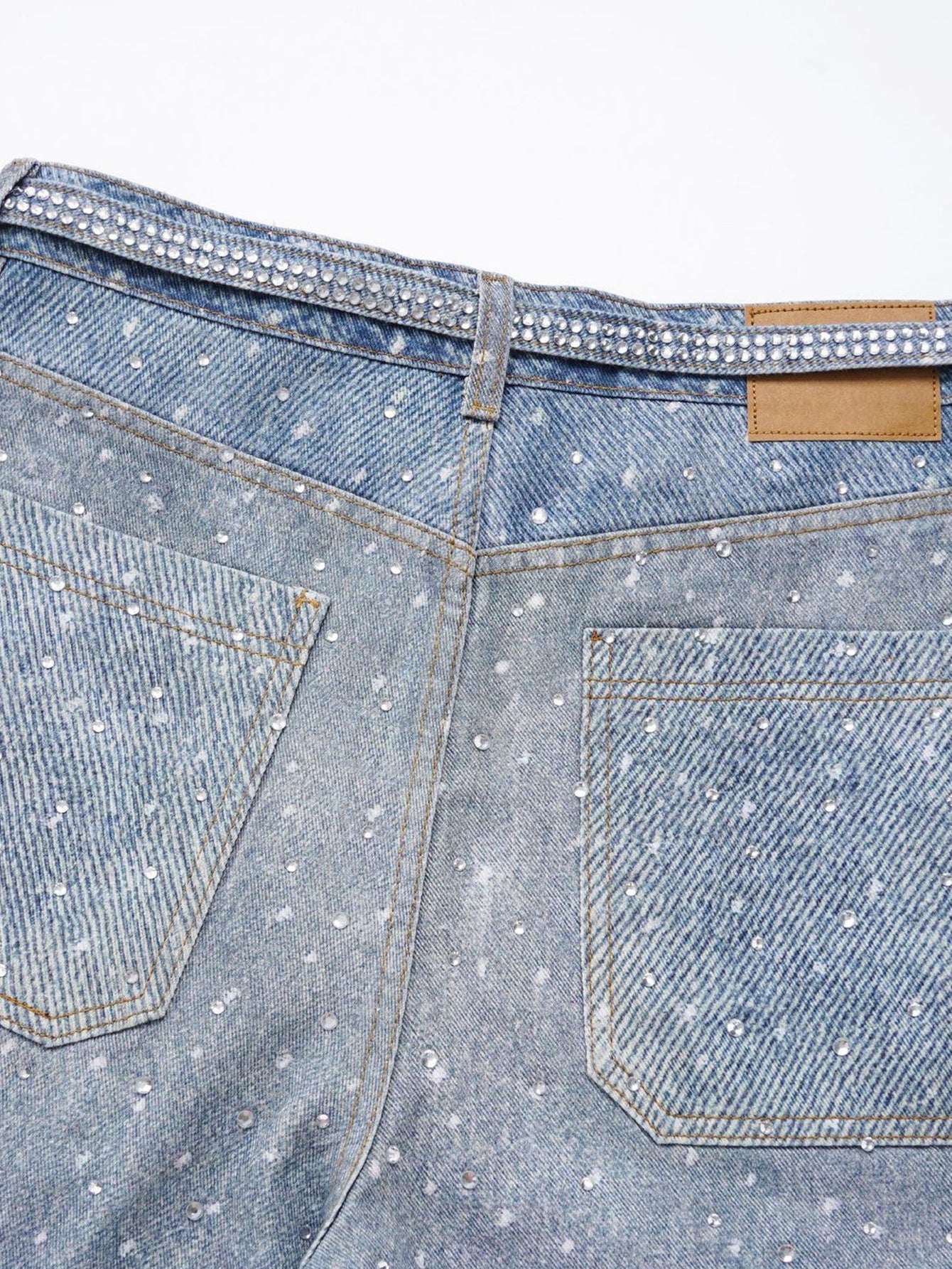 Rhinestone Washed Distressed Denim Wide-Leg Baggy Pants