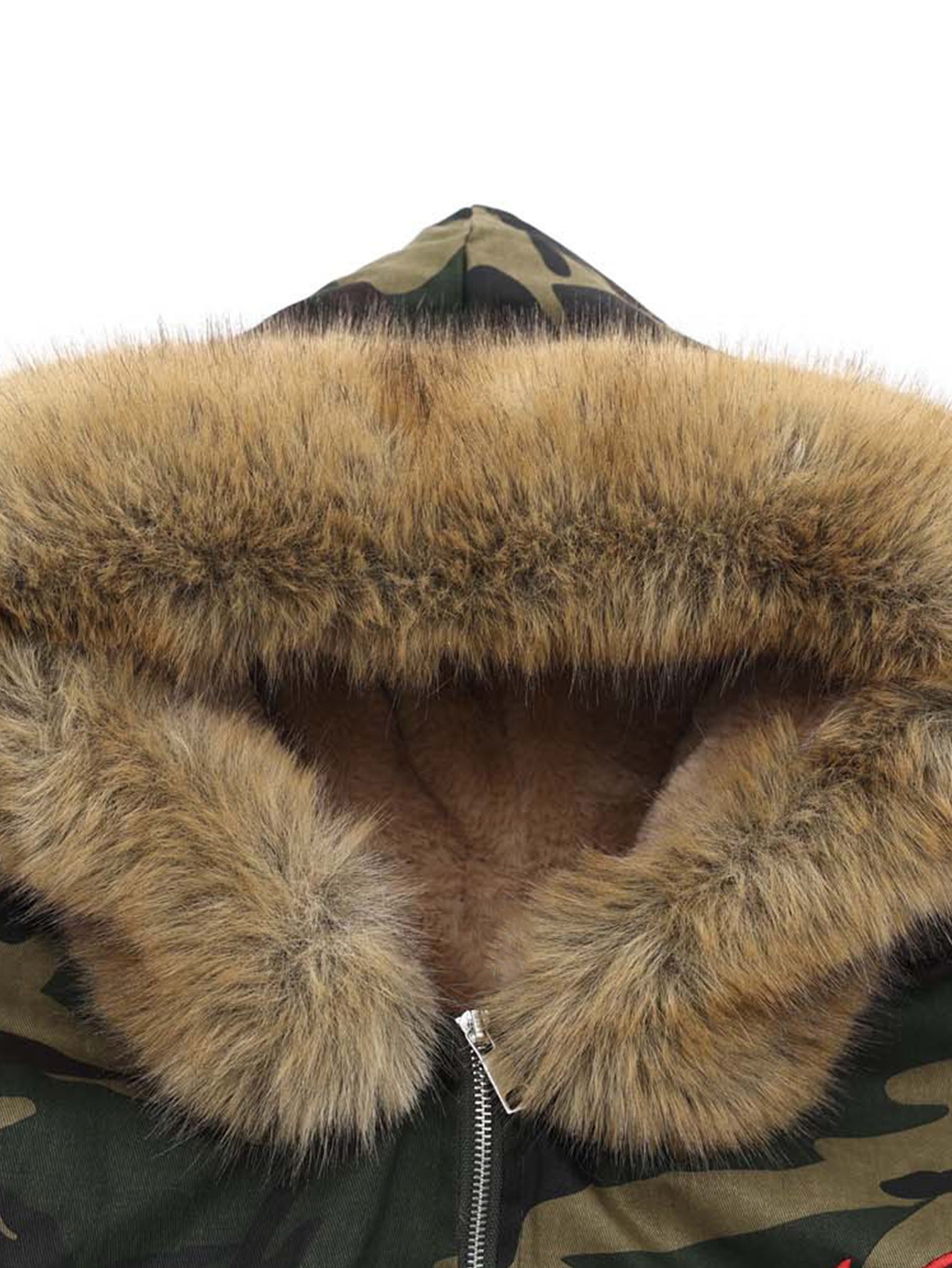 Boxy Camouflage Faux Fur Collar Hooded Jacket