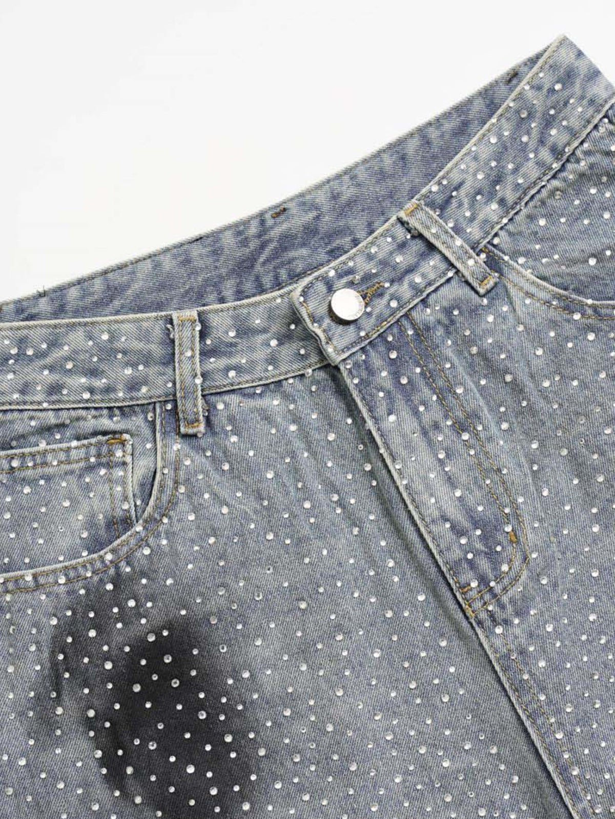 Rhinestone Washed Distressed Denim Wide-Leg Pants