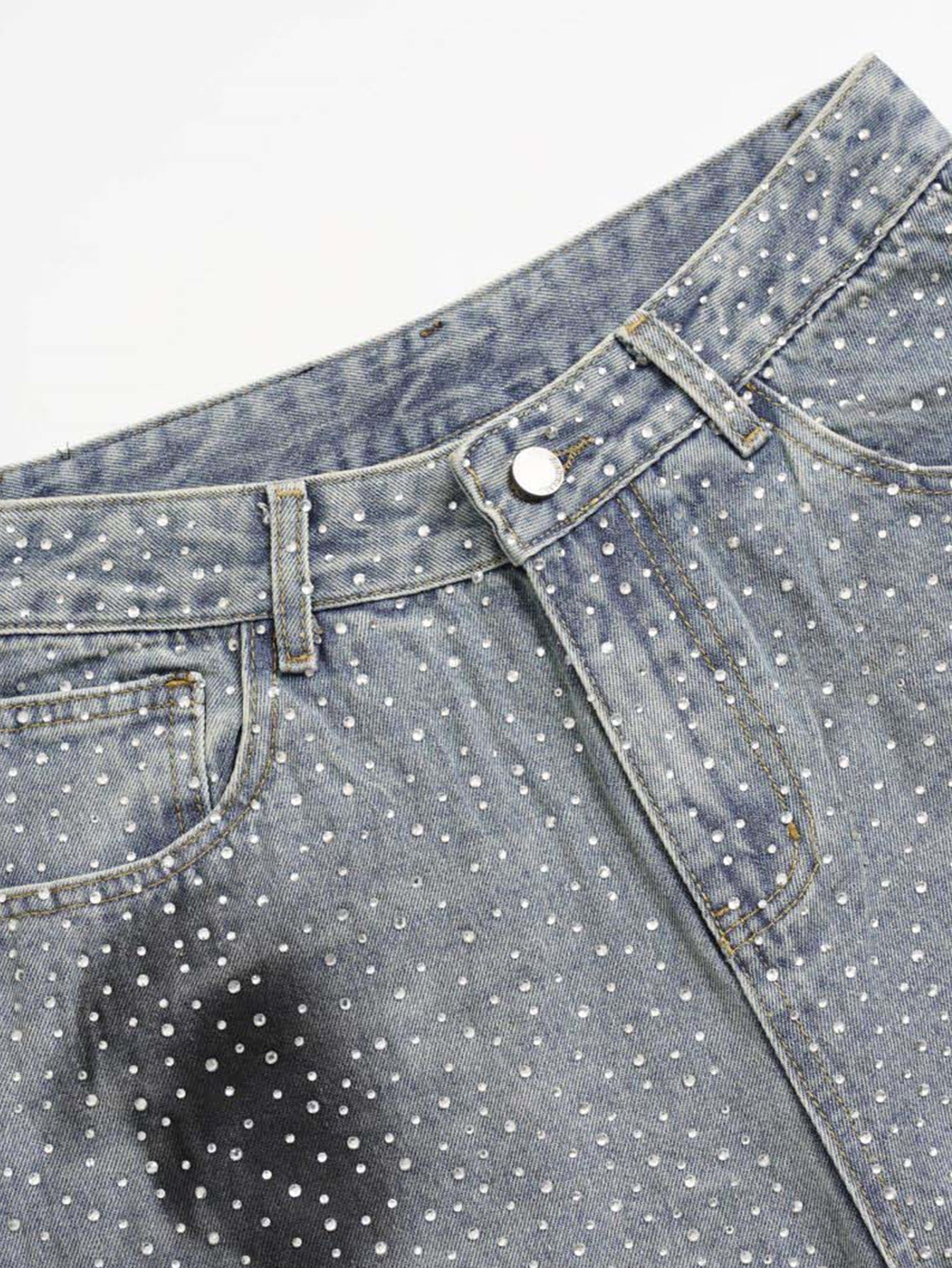 Rhinestone Washed Distressed Denim Wide-Leg Pants