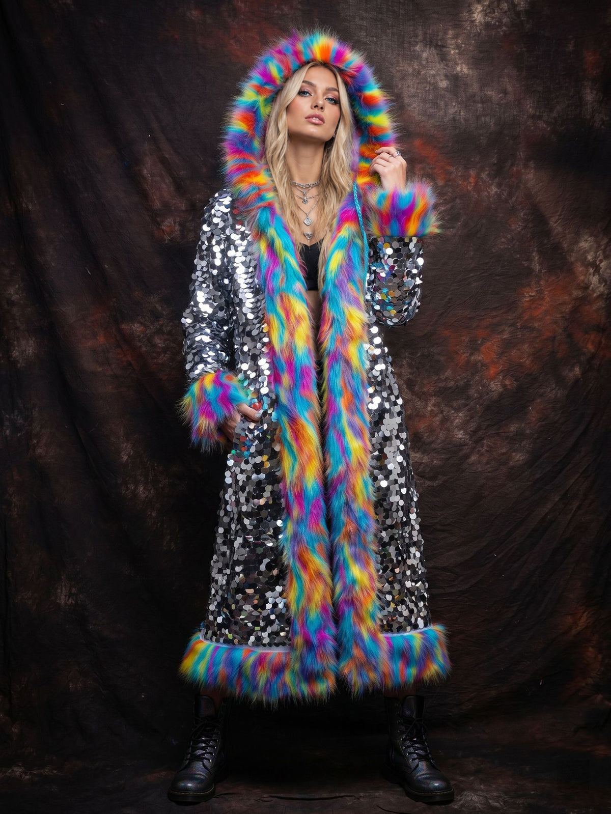 Faux Fur Trim Sequin Long Hooded Coat