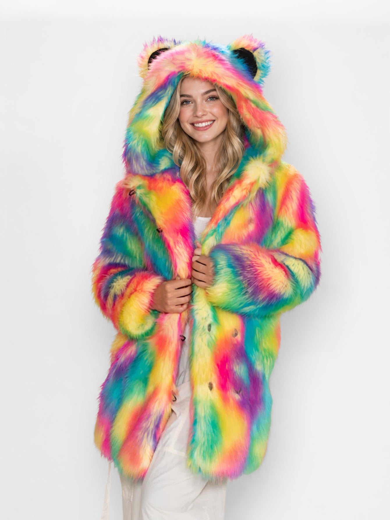Rainbow Faux Fur Hooded Coat With Bear Ears Fluffy Shaggy Long Furry Jacket