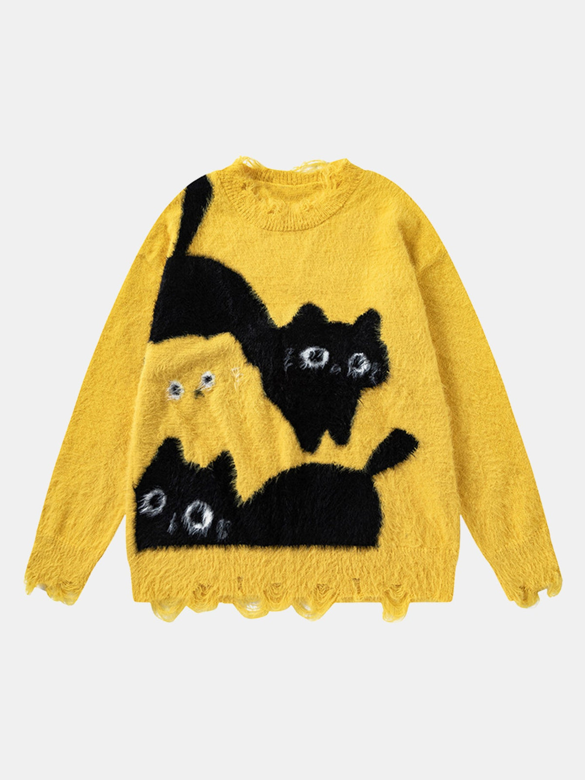 Cat Printed Distressed Knit Sweater