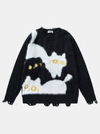 Cat Printed Distressed Knit Sweater