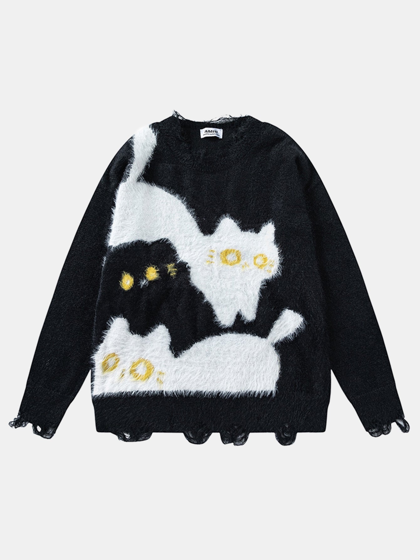 Cat Printed Distressed Knit Sweater