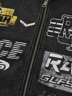 Racing Print Distressed Zipper Hoodie