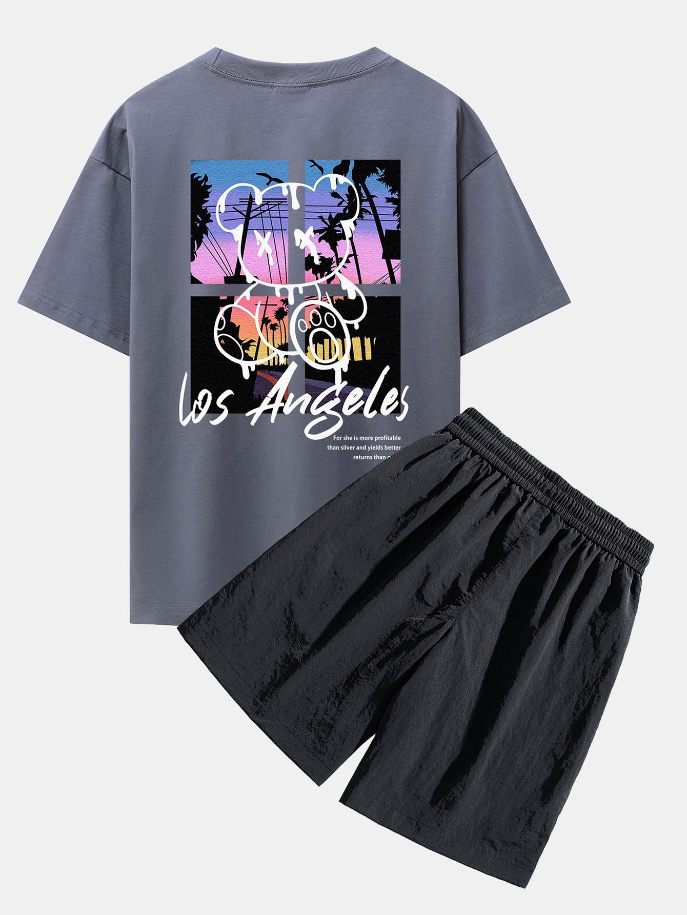 Los Angeles Illustration Bear Print Drop Shoulder Oversize T-Shirt & Patch Pocket Drawstring Shorts